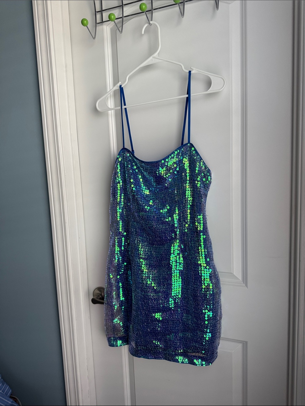 Blue-Green Sequin Slip Dress